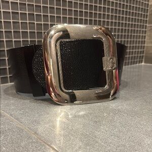 Vintage Y2K Dolce & Gabbana Black Leather Belt w Giant Mirrored Buckle 85 CM